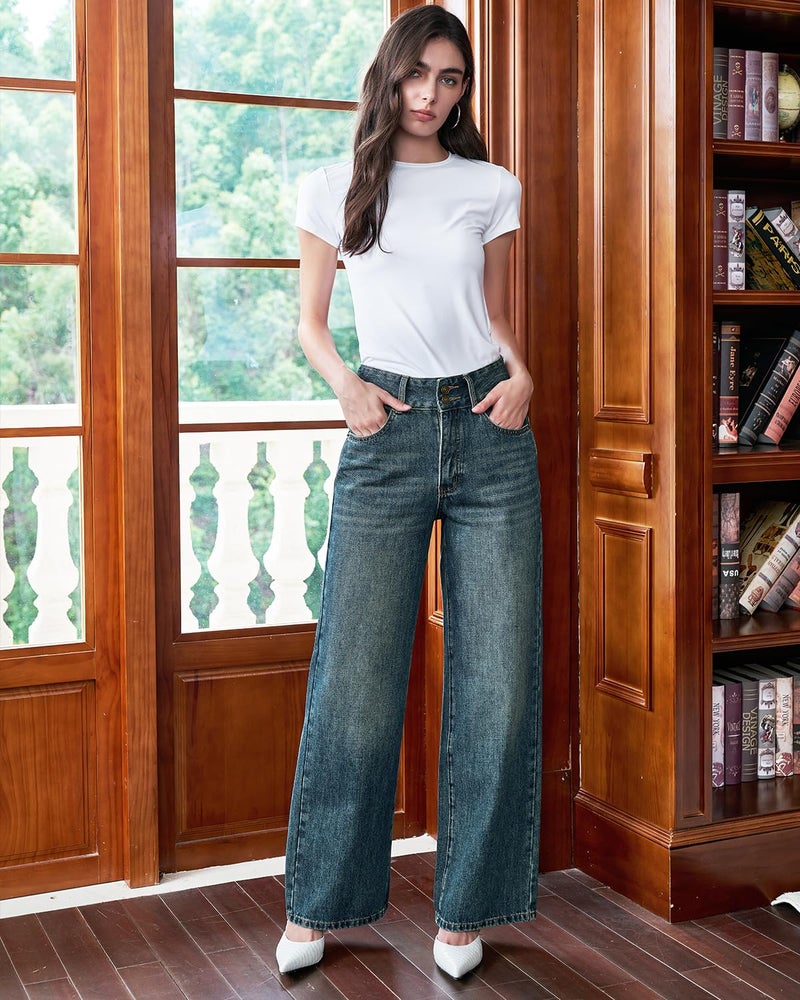 UPNET Womenâ€™s High Waisted Baggy Jeans â€“ Stretchy Wide Leg Tummy Control Straight Leg Denim Pants Trendy Jeans for Women 2025 (US, Numeric, 12, Regular, Regular, Vintage Blue) - Image 4