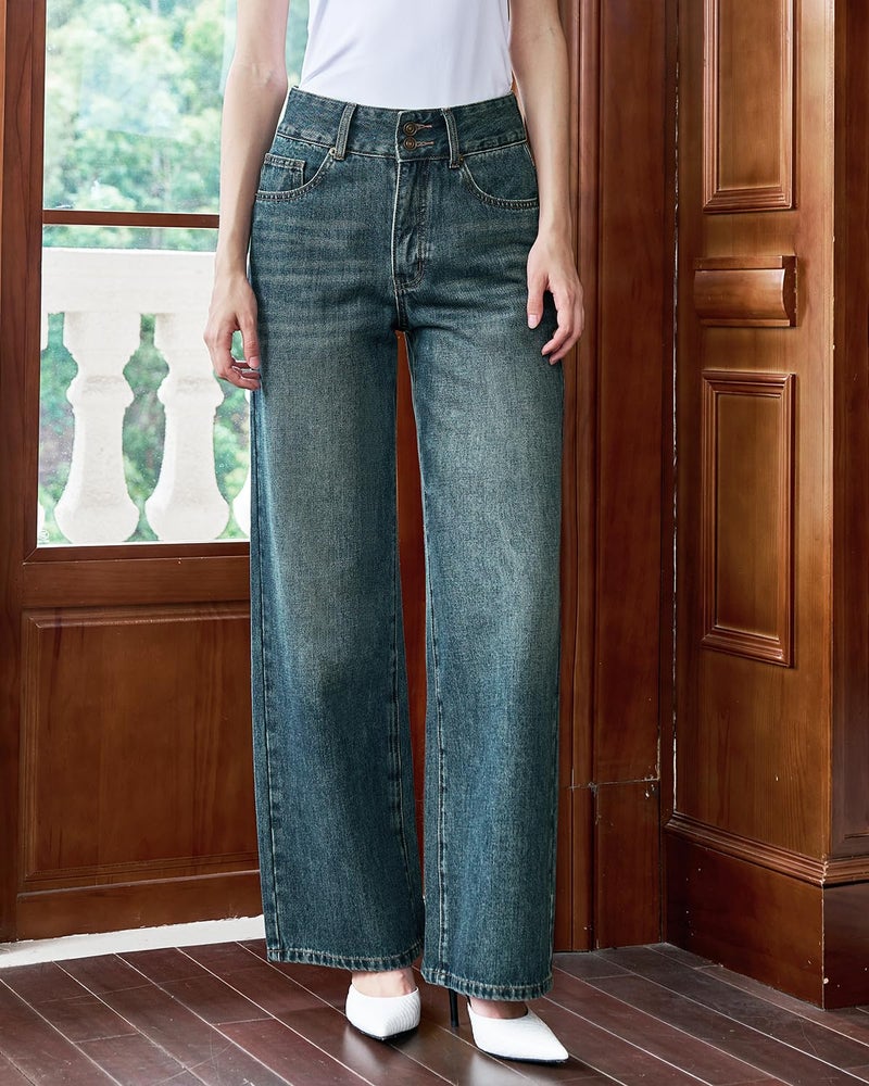 UPNET Womenâ€™s High Waisted Baggy Jeans â€“ Stretchy Wide Leg Tummy Control Straight Leg Denim Pants Trendy Jeans for Women 2025 (US, Numeric, 12, Regular, Regular, Vintage Blue) - Image 5