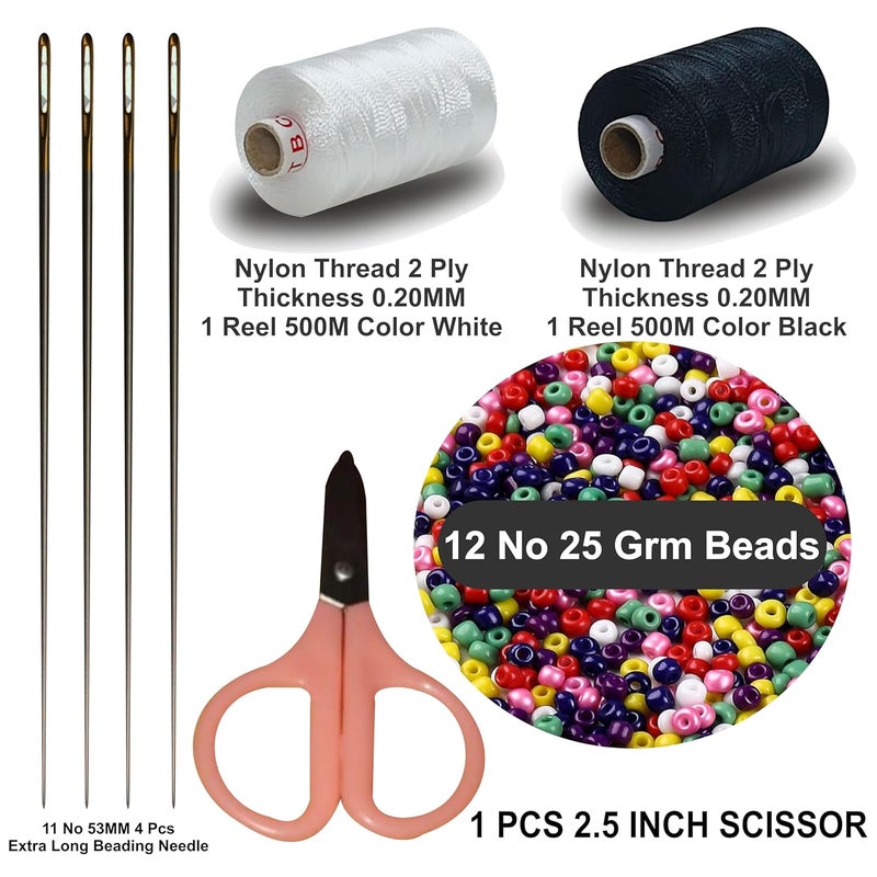 Domick 11 No 53MM 4 Pcs Stainless Steel Extra Long Beading Needle, 2.25 Inch Scissor 1 Pcs, 12 No Multicolor Beads 25 Grm, 2 Ply Nylon Thread 1000 Meter Black & White for Beading Jewellery and Craft Making, - Image 2