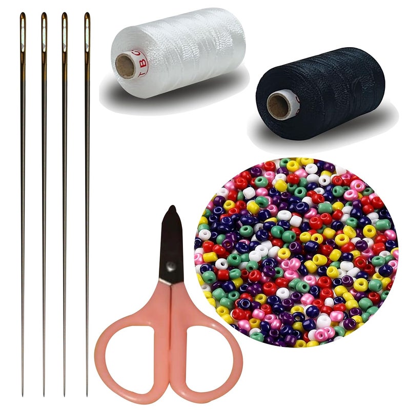 Domick 11 No 53MM 4 Pcs Stainless Steel Extra Long Beading Needle, 2.25 Inch Scissor 1 Pcs, 12 No Multicolor Beads 25 Grm, 2 Ply Nylon Thread 1000 Meter Black & White for Beading Jewellery and Craft Making, - Image 1