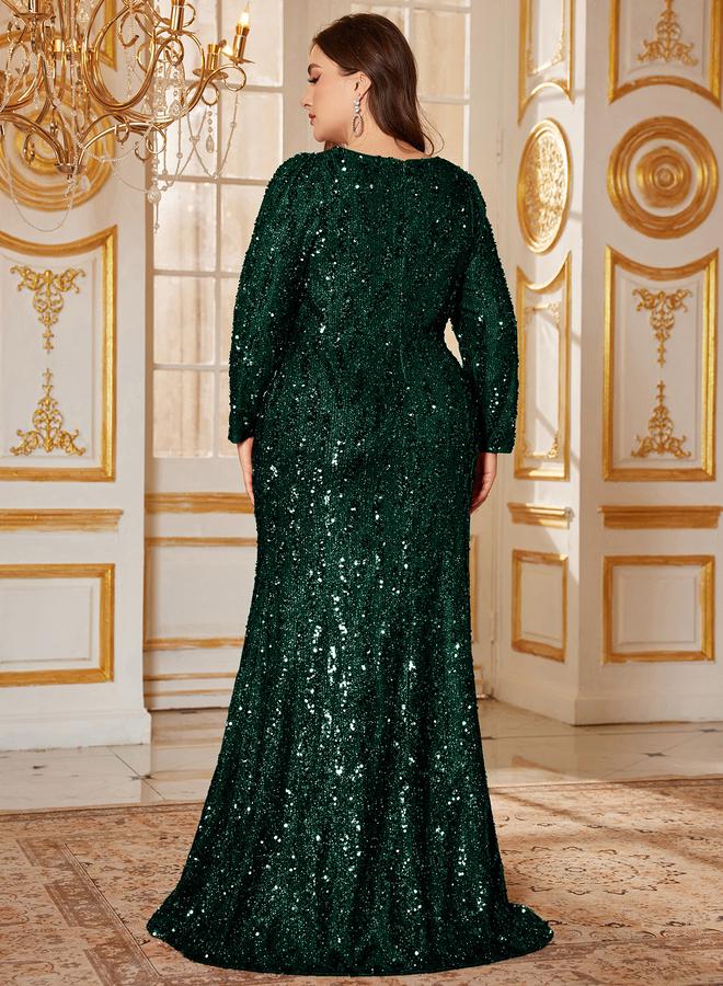 UNITHORSE Plus Size Emerald Sequin V-Neck Gown - Image 3