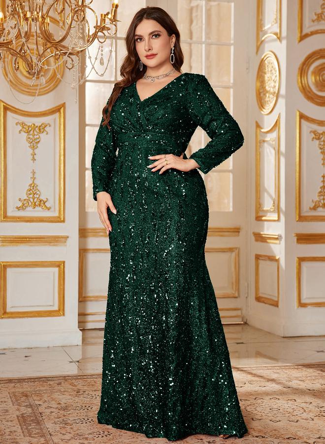 UNITHORSE Plus Size Emerald Sequin V-Neck Gown - Image 4