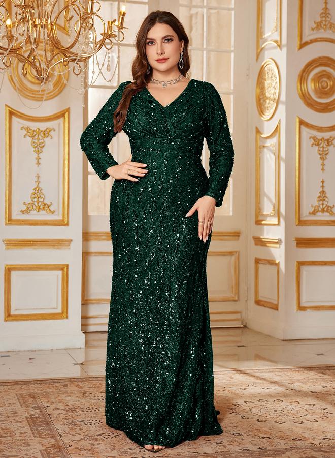 UNITHORSE Plus Size Emerald Sequin V-Neck Gown - Image 5