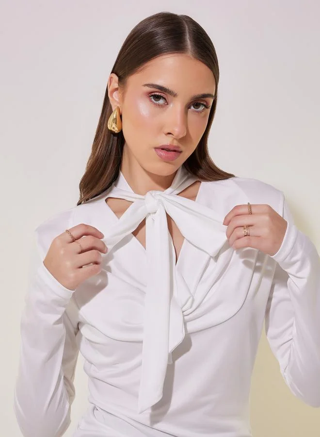 Take Two Solid Tie-Up Neck Long Sleeve Top