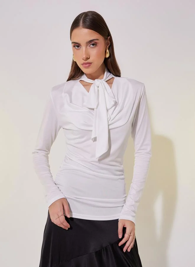 Take Two Solid Tie-Up Neck Long Sleeve Top