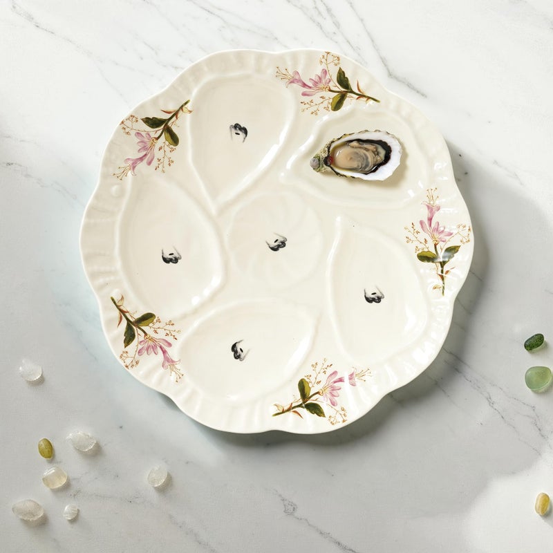 Creative Co-Op Scalloped Stoneware Oyster Plate with Floral Design, Cream - Image 3