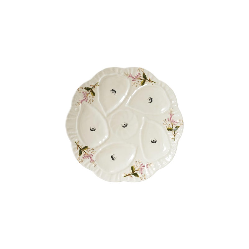 Creative Co-Op Scalloped Stoneware Oyster Plate with Floral Design, Cream - Image 1