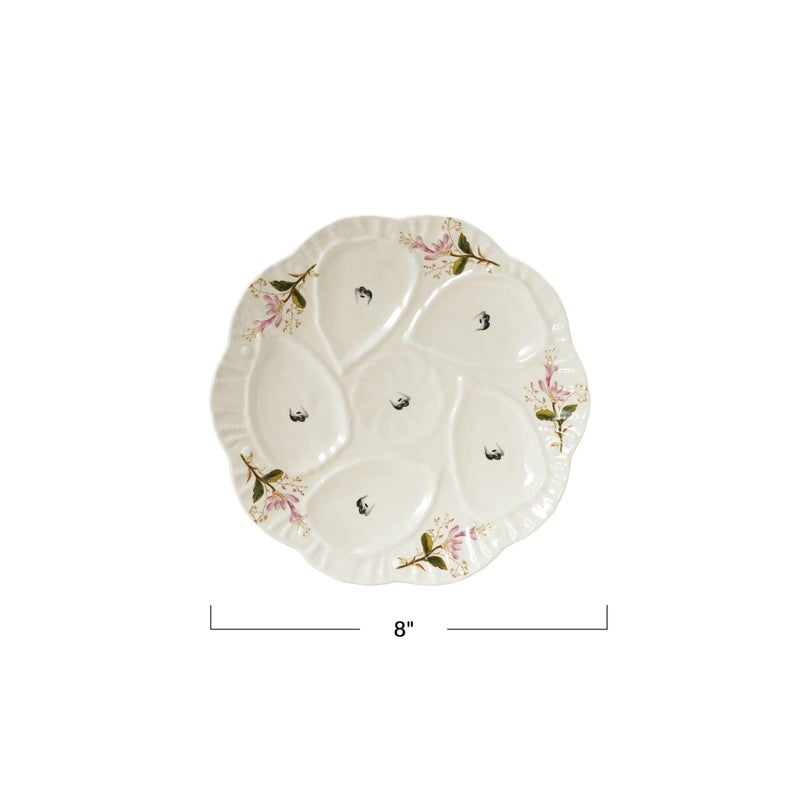 Creative Co-Op Scalloped Stoneware Oyster Plate with Floral Design, Cream - Image 2