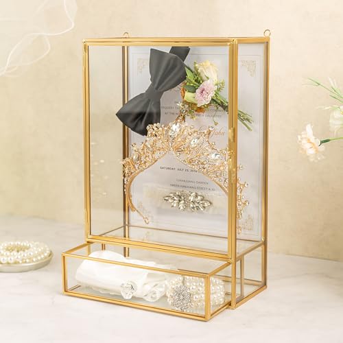Jajamy Shadow Box Frame, 3.5" Deep Wedding Shadow Boxes Display Case with Drawer, Glass Gold Shadow Memory Box for Picture, Wedding Bouquet, Pet Memorial and Keepsakes - Image 4