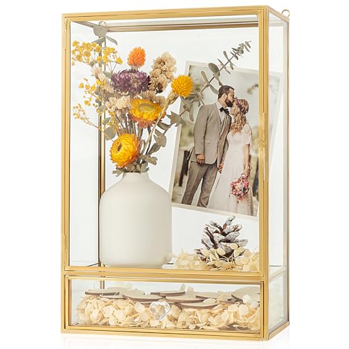 Jajamy Shadow Box Frame, 3.5" Deep Wedding Shadow Boxes Display Case with Drawer, Glass Gold Shadow Memory Box for Picture, Wedding Bouquet, Pet Memorial and Keepsakes - Image 1