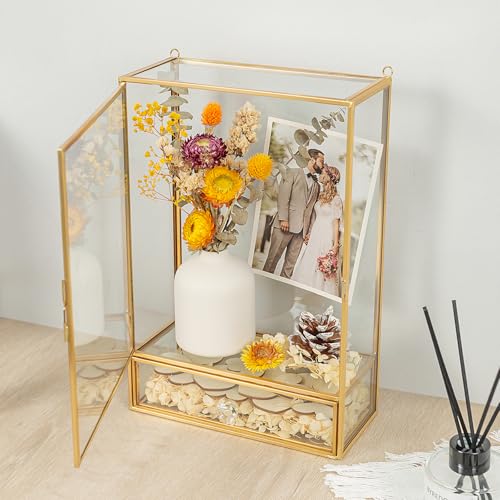 Jajamy Shadow Box Frame, 3.5" Deep Wedding Shadow Boxes Display Case with Drawer, Glass Gold Shadow Memory Box for Picture, Wedding Bouquet, Pet Memorial and Keepsakes - Image 3