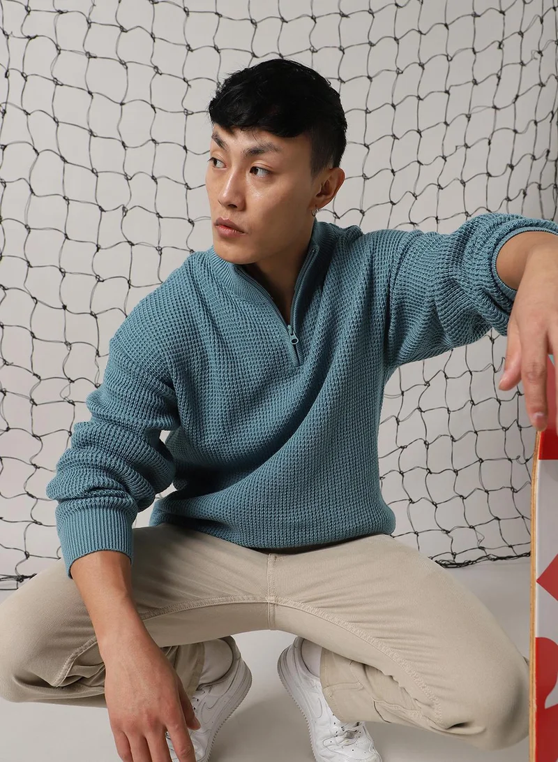 Hubberholme Men's Blue 100% Acrylic Solid Relaxed Fit Sweater