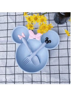Generic 3 pieces Wheat Straw Baby Cartoon Tableware Set Children's Dishes Kids Dinner Platos Baby Feeding Plate Training Bowl Spoon Fork blue  - Image 2