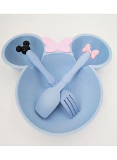 Generic 3 pieces Wheat Straw Baby Cartoon Tableware Set Children's Dishes Kids Dinner Platos Baby Feeding Plate Training Bowl Spoon Fork blue  - Image 5