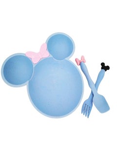 Generic 3 pieces Wheat Straw Baby Cartoon Tableware Set Children's Dishes Kids Dinner Platos Baby Feeding Plate Training Bowl Spoon Fork blue  - Image 1