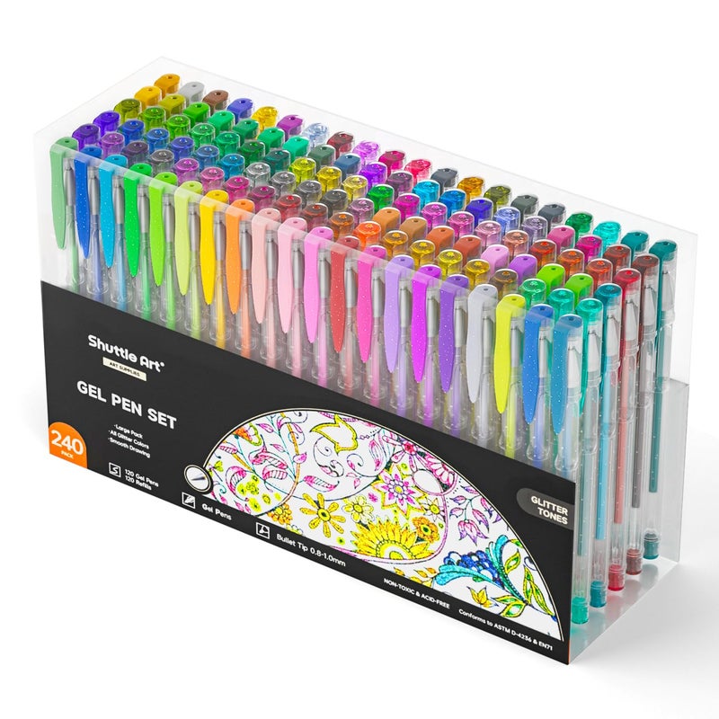 Shuttle Art 240 Pack Glitter Gel Pens 120 Colors Glitter Gel Pen Set with 120 Refills for Adult Coloring Books Craft Doodling