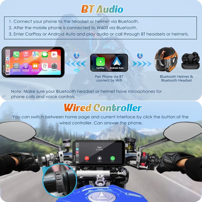 Carpuride W603 Motorcycle Carplay Screen - 6.3" Waterproof Touchscreen with Wireless CarPlay & Android Auto - Image 5