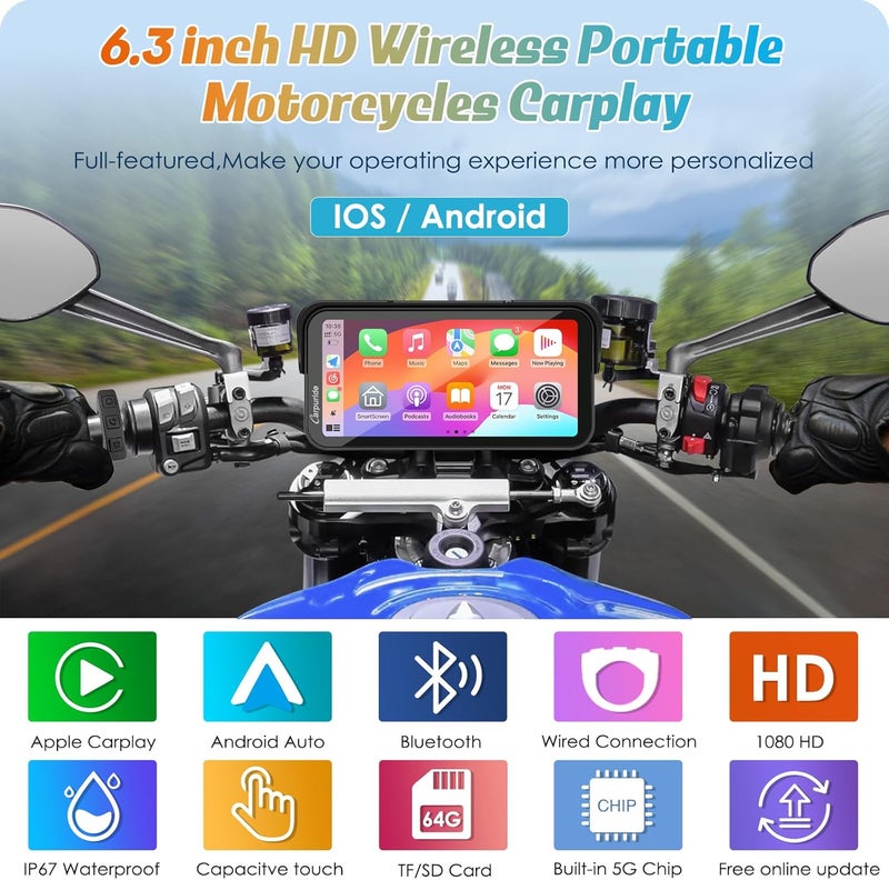 Carpuride W603 Motorcycle Carplay Screen - 6.3" Waterproof Touchscreen with Wireless CarPlay & Android Auto - Image 2
