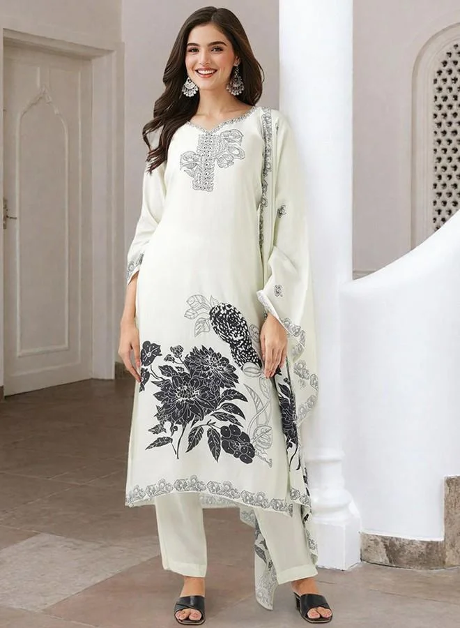 ISHIN Women's White Muslin Embroidered Tunic Full Length Palazzo Straight Fit Kurta Set