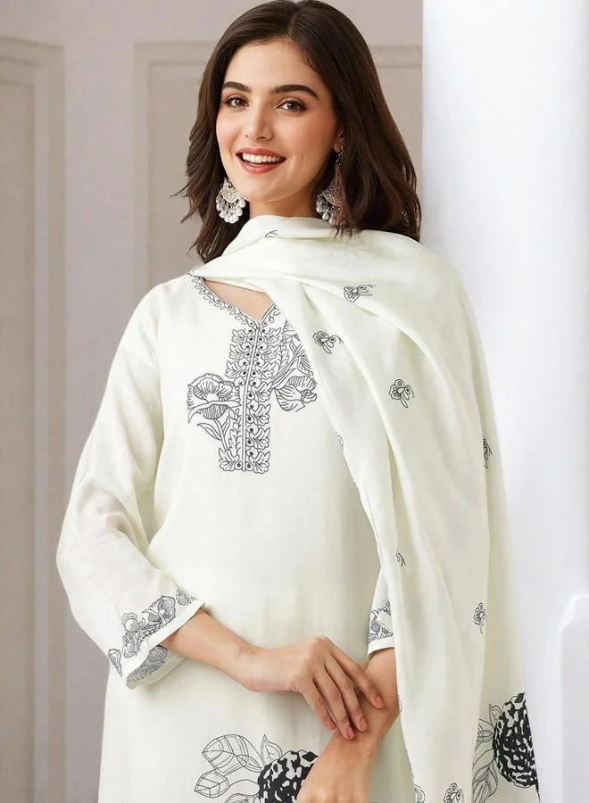ISHIN Women's White Muslin Embroidered Tunic Full Length Palazzo Straight Fit Kurta Set