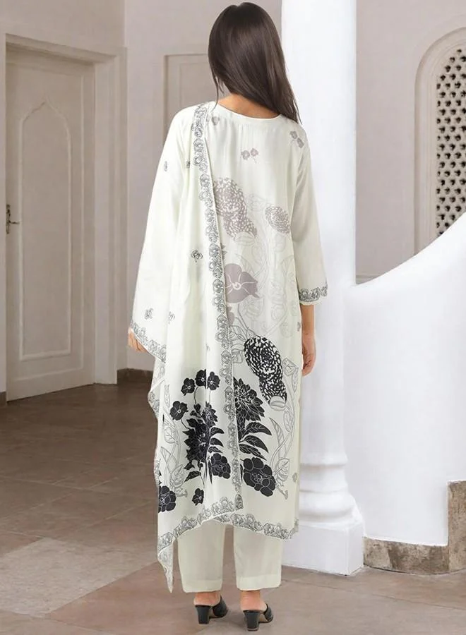 ISHIN Women's White Muslin Embroidered Tunic Full Length Palazzo Straight Fit Kurta Set