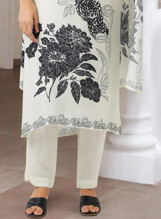ISHIN Women's White Muslin Embroidered Tunic Full Length Palazzo Straight Fit Kurta Set