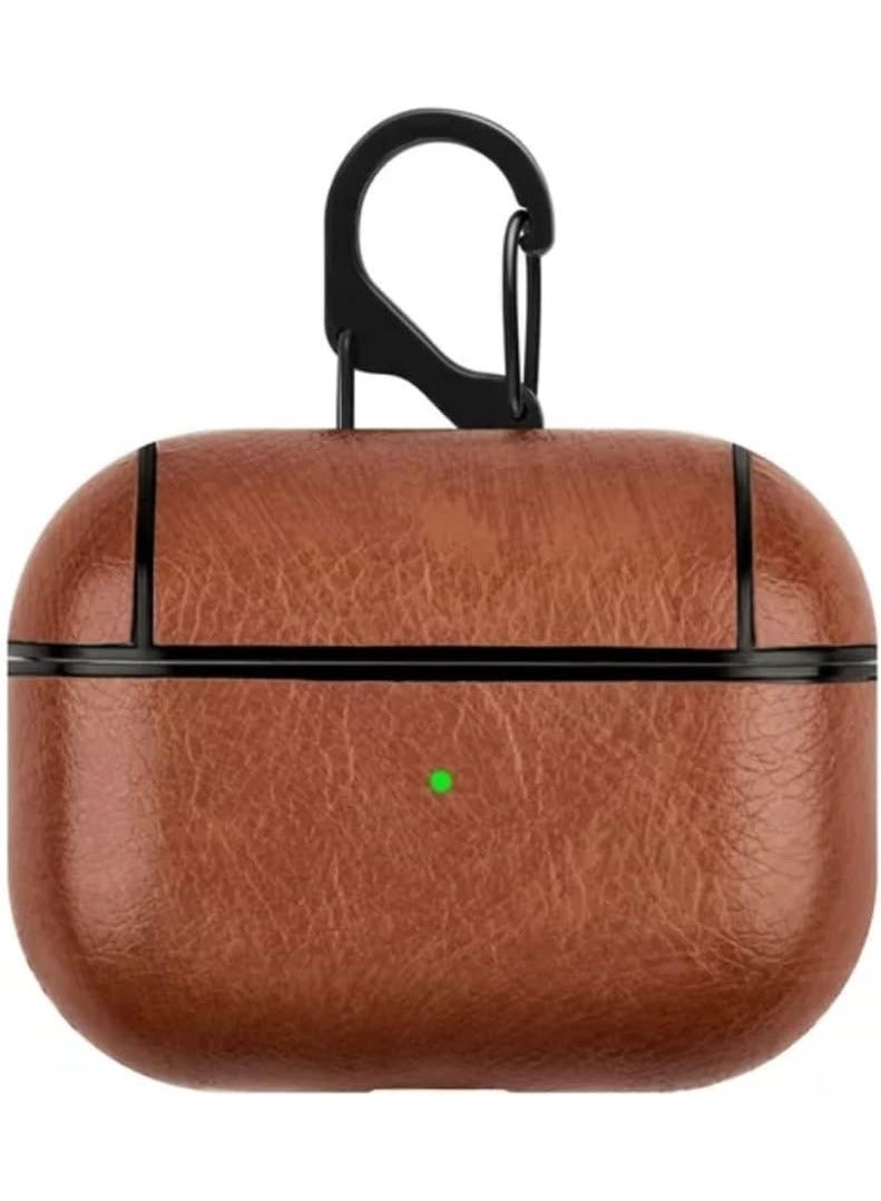 Leather Shockproof Protective Case Cover for Pro Brown, Shock Resistant with Durable Anti-Lost Carabiner to Securely Attach AirPods to Handbags, Suitcases and Pants Leather Keychai Brown