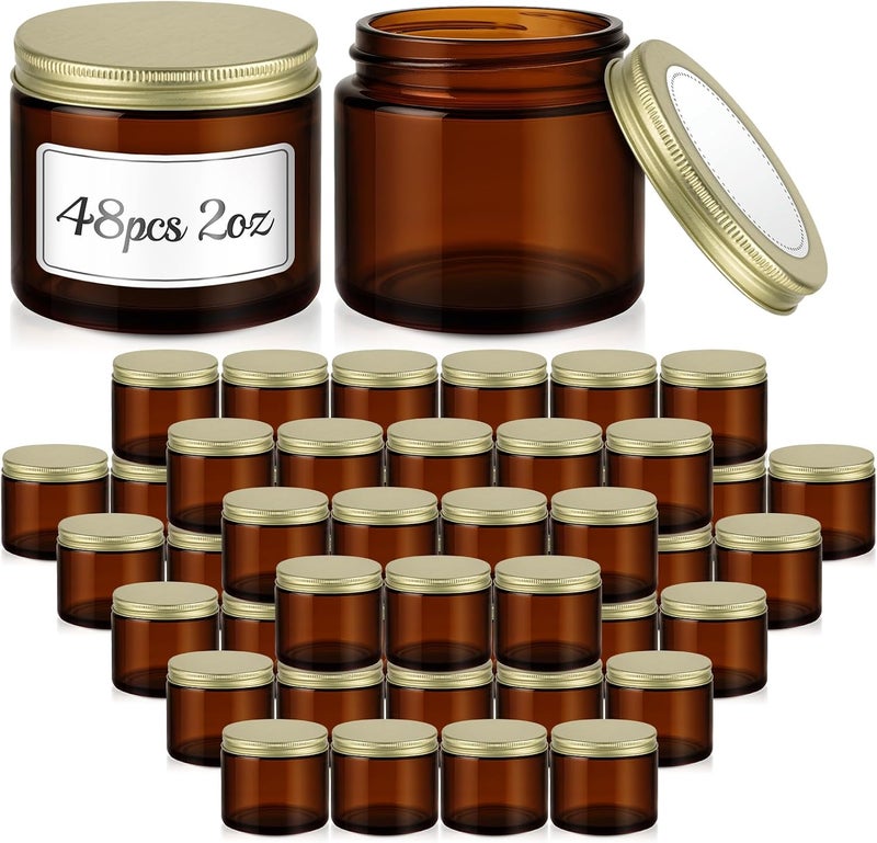 Bumobum 2 Oz Amber Glass Jars with Lids, Bumobum 48 Pack Small Glass Candle Jars with Gold Metal Lids, Empty Cosmetic Containers for Cream, Lotion, Slime - Image 1
