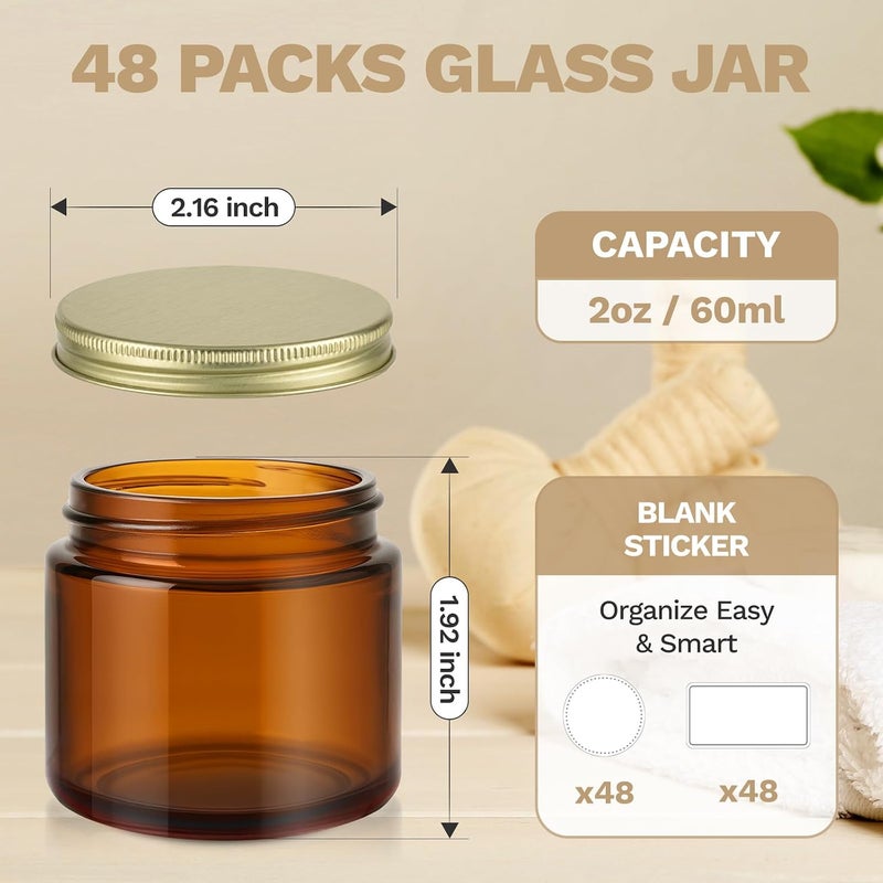 Bumobum 2 Oz Amber Glass Jars with Lids, Bumobum 48 Pack Small Glass Candle Jars with Gold Metal Lids, Empty Cosmetic Containers for Cream, Lotion, Slime - Image 2