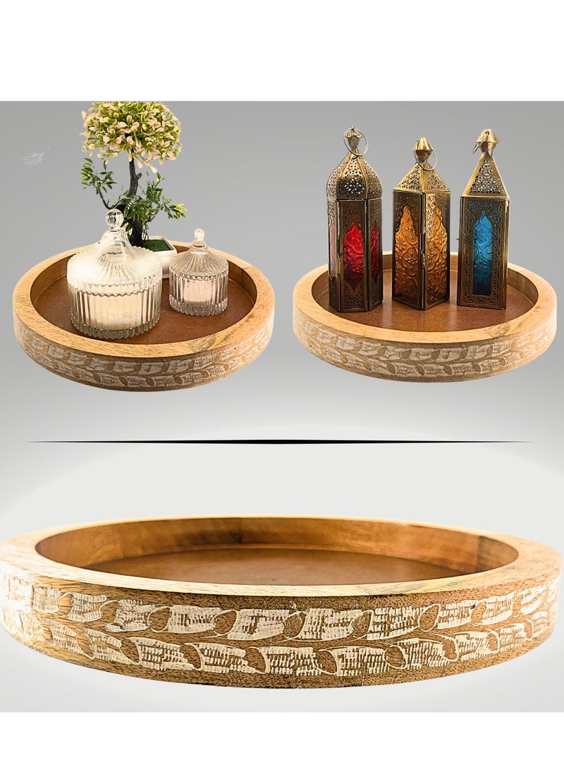 Souq DESIGNS سوق ديزاينز صينية تقديم صينية تزيين خشبية على سطح الطاولة، أطباق عيد الميلاد المستديرة، طبق تقديم، صينية كيك خشبية، طبق تقديم، صينية خشبية، صينية من الخيزران، منظم المطبخ  - Image 1
