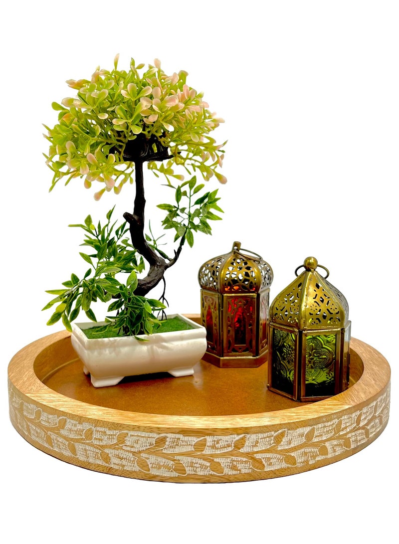 Souq DESIGNS سوق ديزاينز صينية تقديم صينية تزيين خشبية على سطح الطاولة، أطباق عيد الميلاد المستديرة، طبق تقديم، صينية كيك خشبية، طبق تقديم، صينية خشبية، صينية من الخيزران، منظم المطبخ  - Image 2
