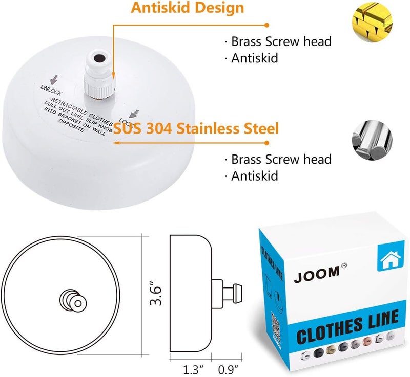 JOOM Retractable Clothesline Stainless Steel Heavy Duty 9Feet(MAX) for Hanging Drying in Bathroom Laundry Hotels, Chrome Finish,Round Style (White) - Image 3