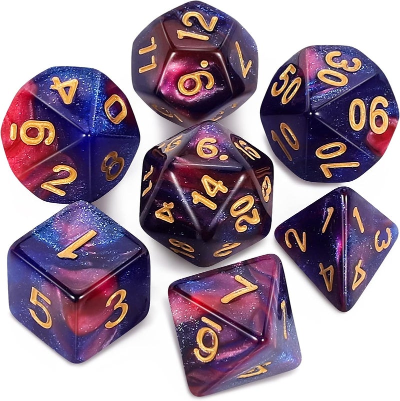QMAY DND Dice Set - Polyhedral Dice (Blue Mix Purple Nebula) 7 Pcs for Dungeon and Dragons D&D RPG Role Playing Games Dice with Dice Bag - Image 1