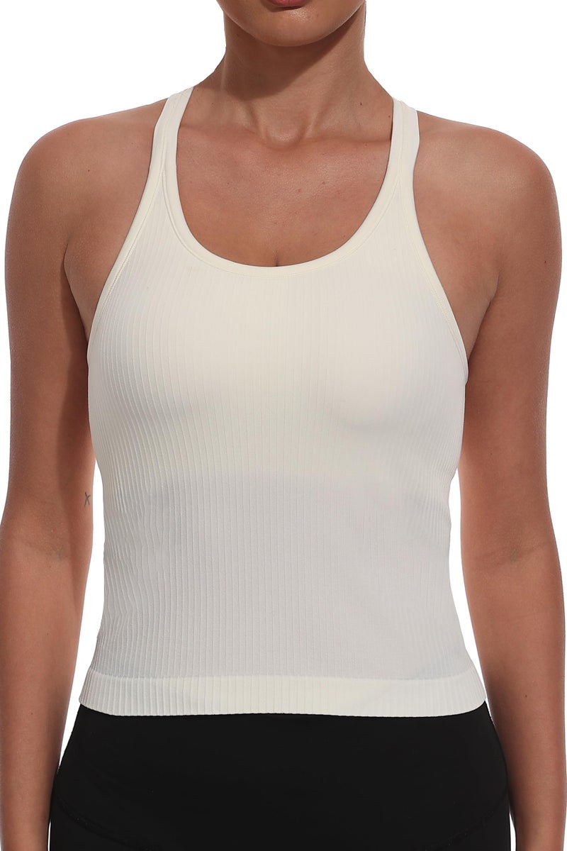 YIOIOIO Womenâ€™s Seamless Yoga Top with Pads, Ribbed Racerback Long Crop Sports Bra White - Image 3