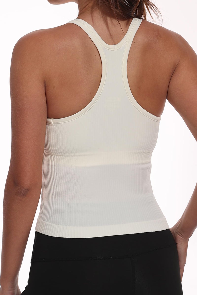YIOIOIO Womenâ€™s Seamless Yoga Top with Pads, Ribbed Racerback Long Crop Sports Bra White - Image 2