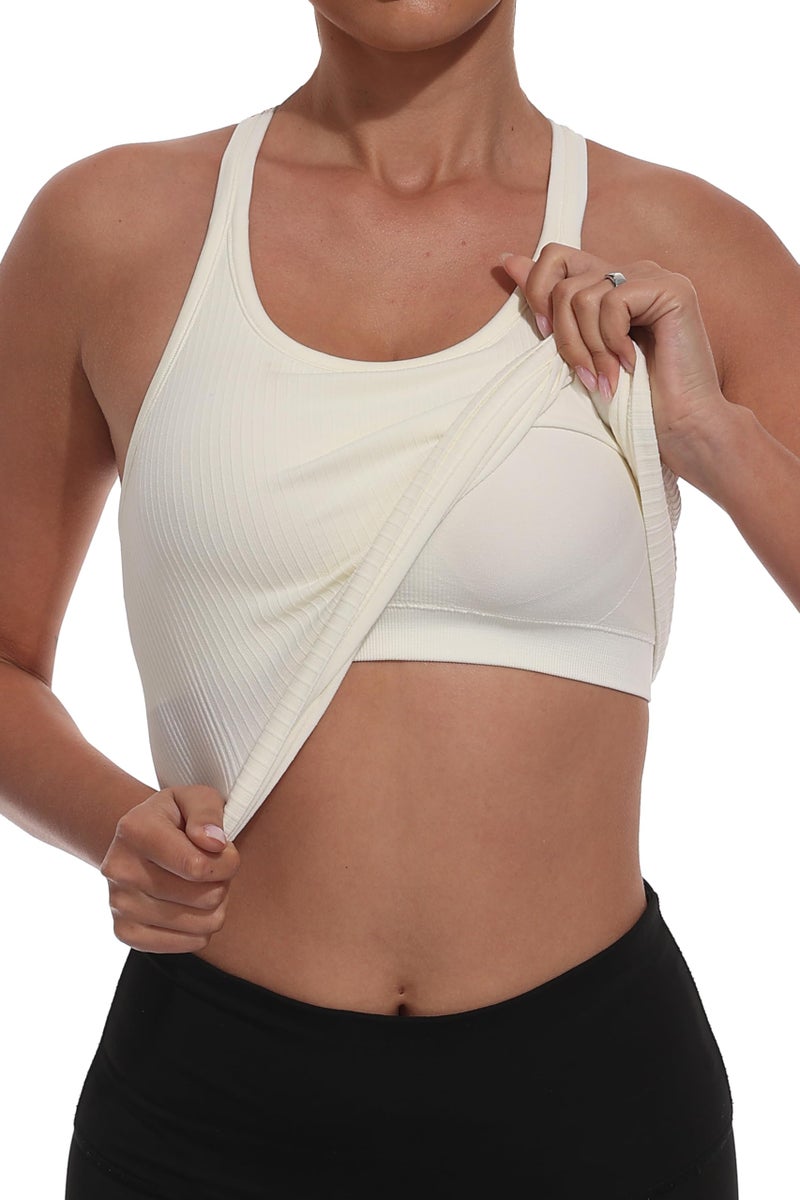 YIOIOIO Womenâ€™s Seamless Yoga Top with Pads, Ribbed Racerback Long Crop Sports Bra White - Image 1