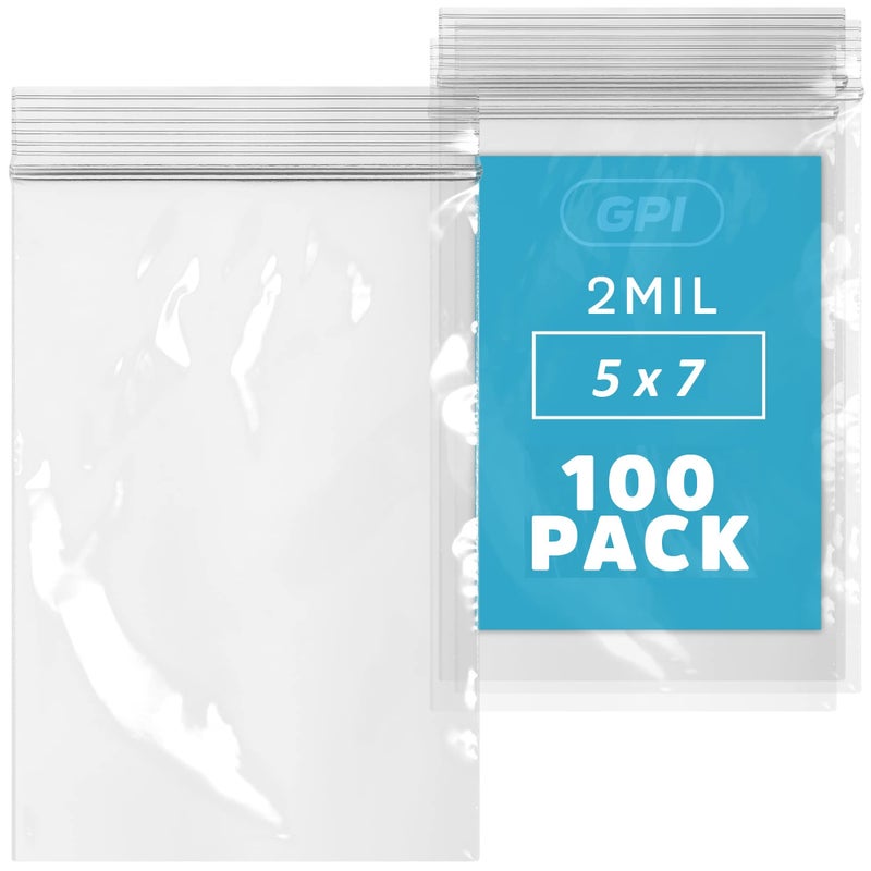 5" x 7" Zip Bags - 100 Count, Small, Clear Plastic Reclosable Zipper Poly Baggies, 2 Mil, with Resealable Zip Top Lock for Packaging Food Storage, Snacks, Candy, Office Supplies & More.