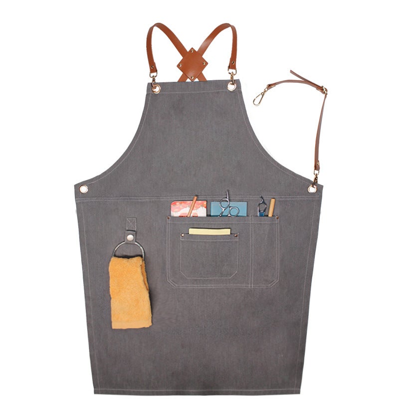 Unisex Denim Apron for Baristas  Hairstylists Lifting ring gray