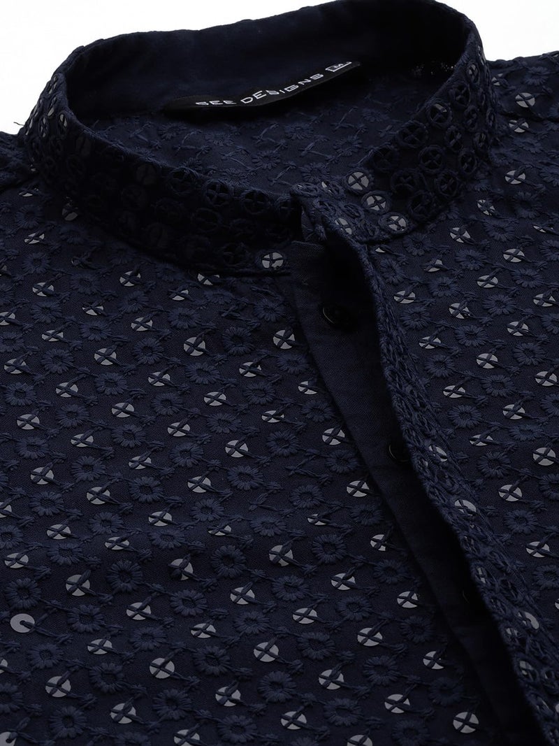 See Designs Men Mandarin Collar Navy Blue Floral Embroidered Sequined Rayon Full Sleeve Kurta With pyjama - SD2EKT_129701L - Image 2