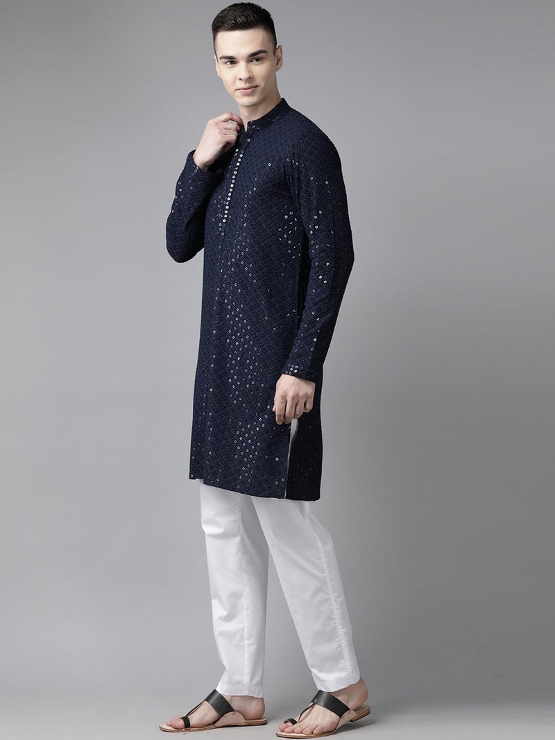 See Designs Men Mandarin Collar Navy Blue Floral Embroidered Sequined Rayon Full Sleeve Kurta With pyjama - SD2EKT_129701L - Image 4