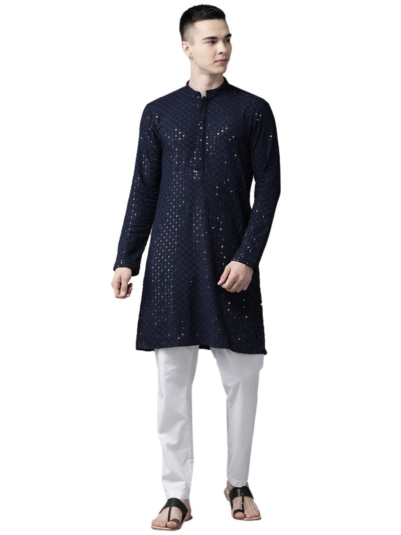 See Designs Men Mandarin Collar Navy Blue Floral Embroidered Sequined Rayon Full Sleeve Kurta With pyjama - SD2EKT_129701L - Image 1