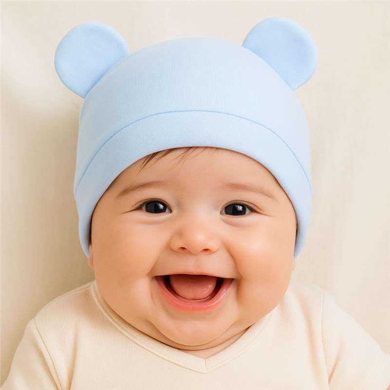SYGA Unisex Baby Pack Of 3 Newborn Baby Cap Knitted Cotton Cartoon Printing Double Ear Hat For 0-3 Months(Multicolor) - Image 3
