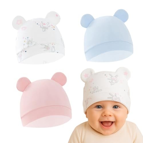 SYGA Unisex Baby Pack Of 3 Newborn Baby Cap Knitted Cotton Cartoon Printing Double Ear Hat For 0-3 Months(Multicolor) - Image 1