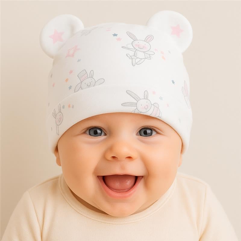 SYGA Unisex Baby Pack Of 3 Newborn Baby Cap Knitted Cotton Cartoon Printing Double Ear Hat For 0-3 Months(Multicolor) - Image 2