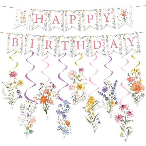 Rngmsi Flower Birthday Decorations for Girls 11PCS Wildflower Happy Birthday Banner Garland Hanging Swirls Decoration Floral Party Decor for Women - Image 1