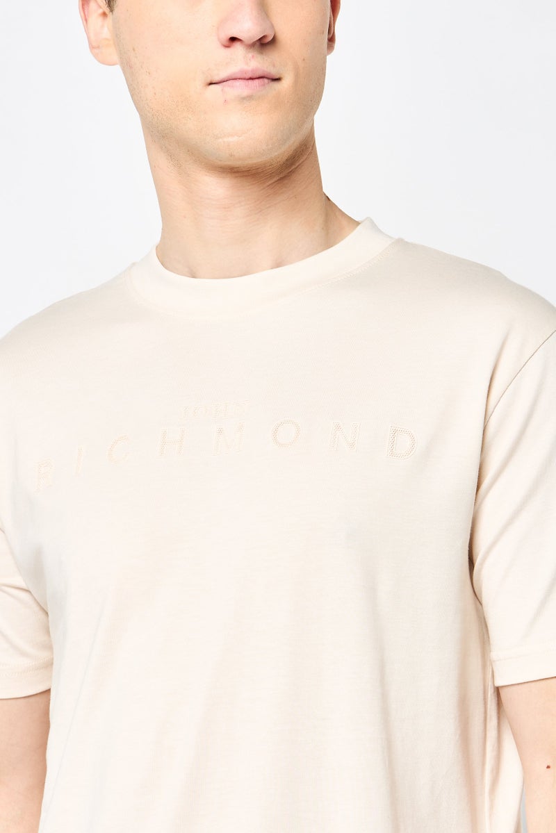 JOHN RICHMOND Men Crew Neck Short Sleeve Brand Logo T Shirt, Beige - Image 2