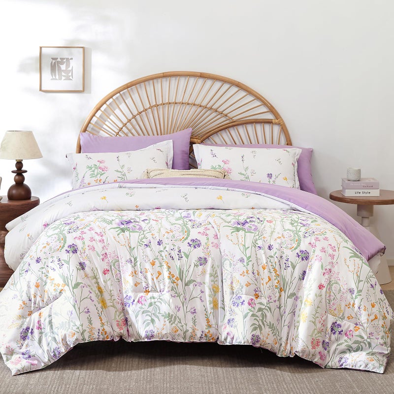 Yiran Purple Floral Comforter Set Queen Size, 7 Piece Cute Flower Comforters Bed in a Bag Lavender, Soft Microfiber Complete Aesthetic Botanical Bedding Set with Sheets for Women Girls - Image 2