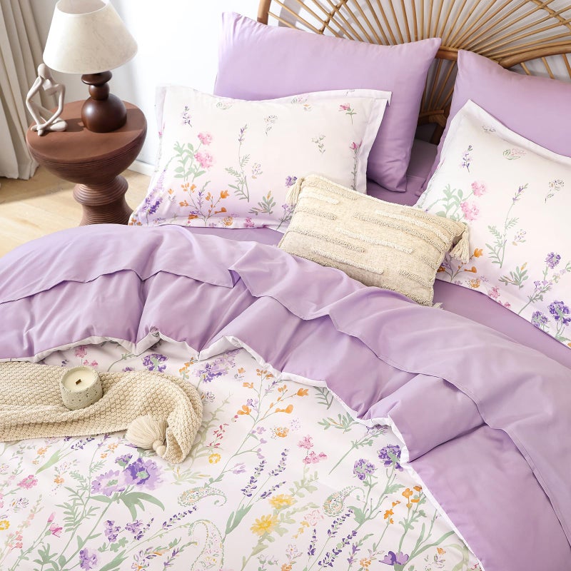 Yiran Purple Floral Comforter Set Queen Size, 7 Piece Cute Flower Comforters Bed in a Bag Lavender, Soft Microfiber Complete Aesthetic Botanical Bedding Set with Sheets for Women Girls - Image 4