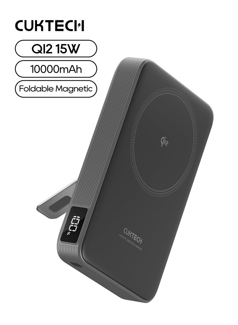 CUKTECH CP13 Magnetic Wireless Power Bank, 10000mAh Qi2 Certified 15W Fast Wireless Battery Pack 30W MAX Wired Portable Charger With Foldable Stand & Smart Display For iPhone & Samsung - Grey - Image 1
