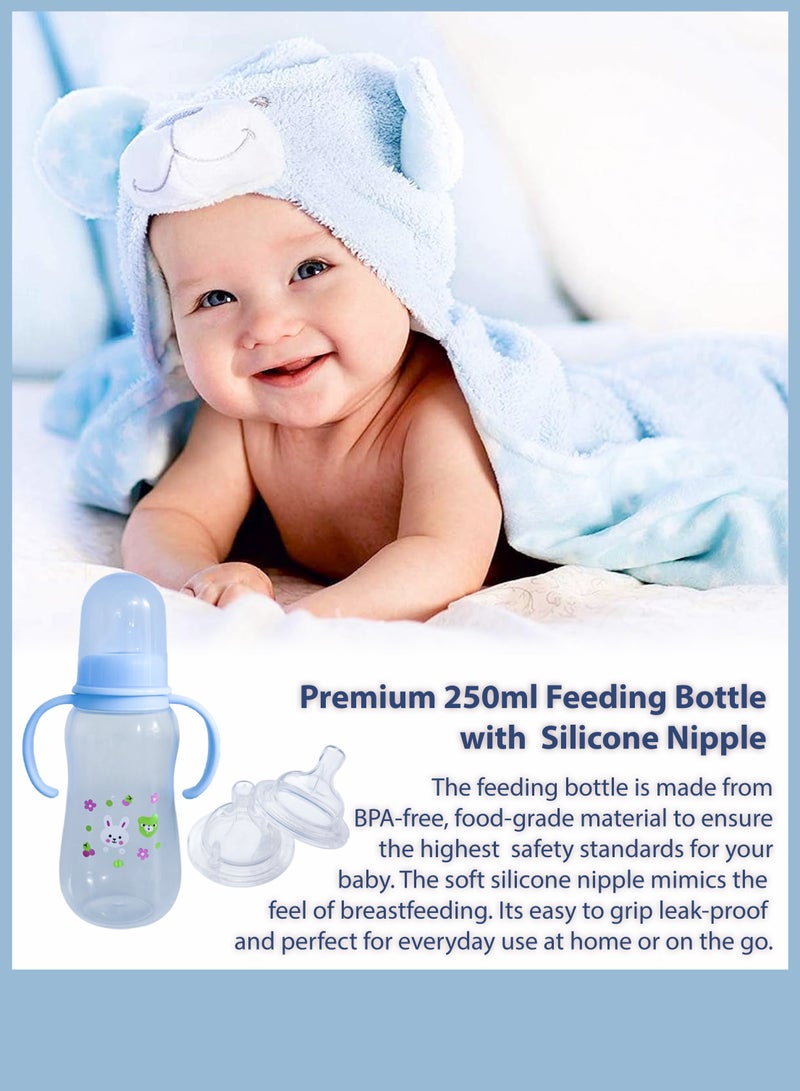 Premium 8 Piece Baby Feeding Gift Set Newborn Essentials with 250ml Feeding Bottle Silicone Nipple Pacifier Bottle Brushes Bib Liquid Dropper Soft Loofah and 3-Layer Milk Powder Dispenser Perfect Baby Shower Gift Christening for Boys and Girls - Image 2